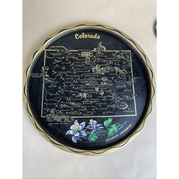 VTG Colorado‎ State & Flower Travel Souvenir Tin Metal Bar Tray Plate,4 Coasters - Picture 2 of 8